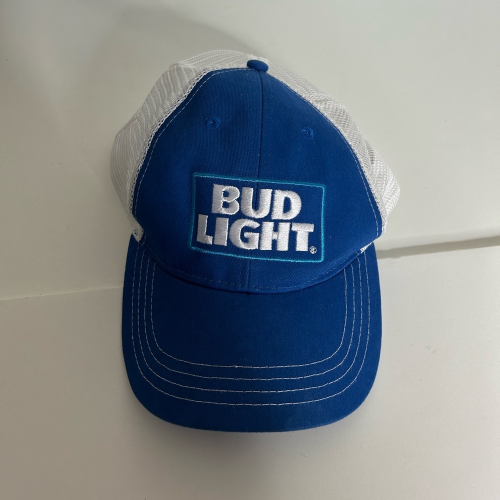 Bud Light trucker snapback hat embroidered box logo blue white